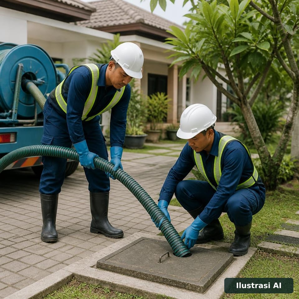 Ilustrasi AI dua petugas berseragam mengarahkan selang ke akses septic tank.