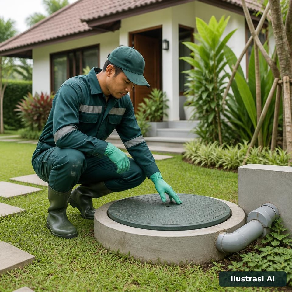 Ilustrasi AI seorang petugas memeriksa tutup septic tank dan sambungan pipa.
