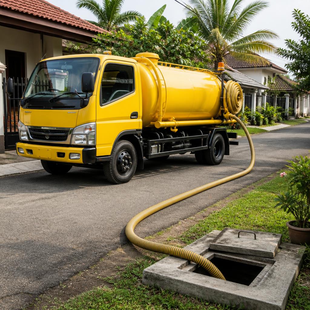 Ilustrasi AI truk tangki vakum generik berwarna kuning cerah dengan selang penyedot terlihat utuh.