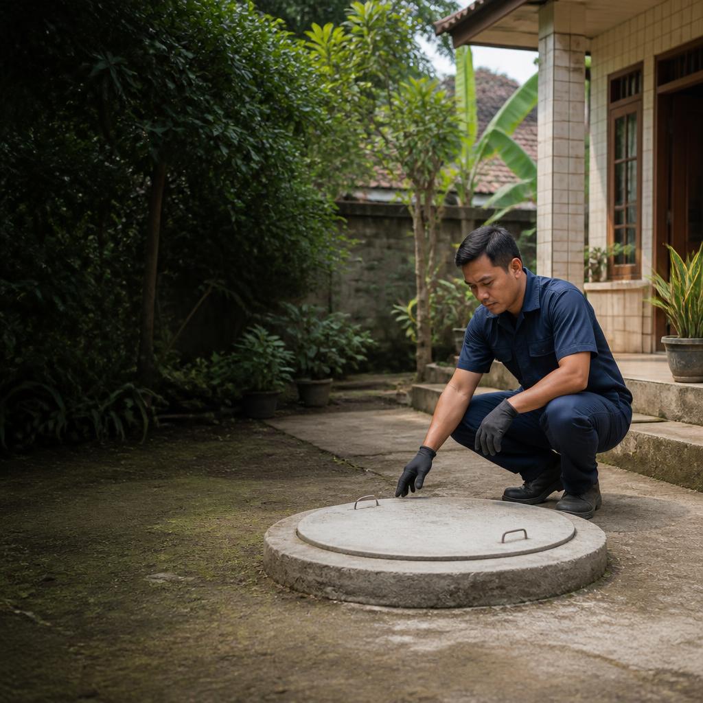 Ilustrasi petugas memeriksa penutup septic tank di halaman rumah